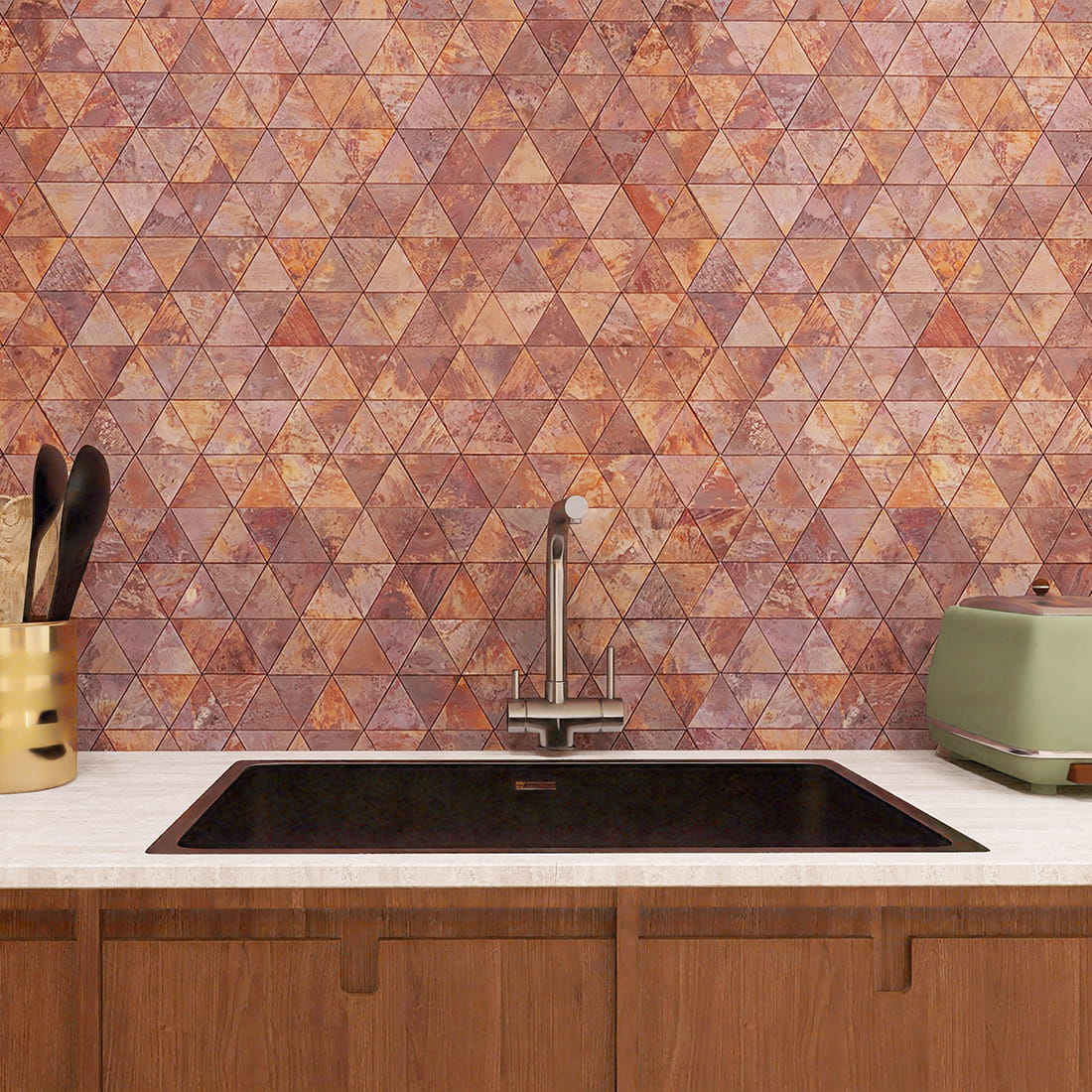 Rustic copper triangle metal mosaic tile used as a kitchen backsplash.