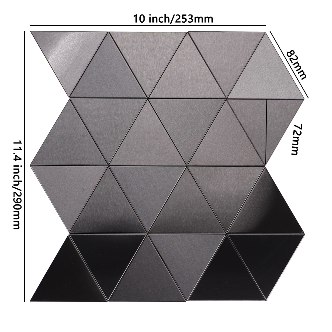 Triangular metal mosaic tile sheet with 11.4 inch by 10 inch dimensions.