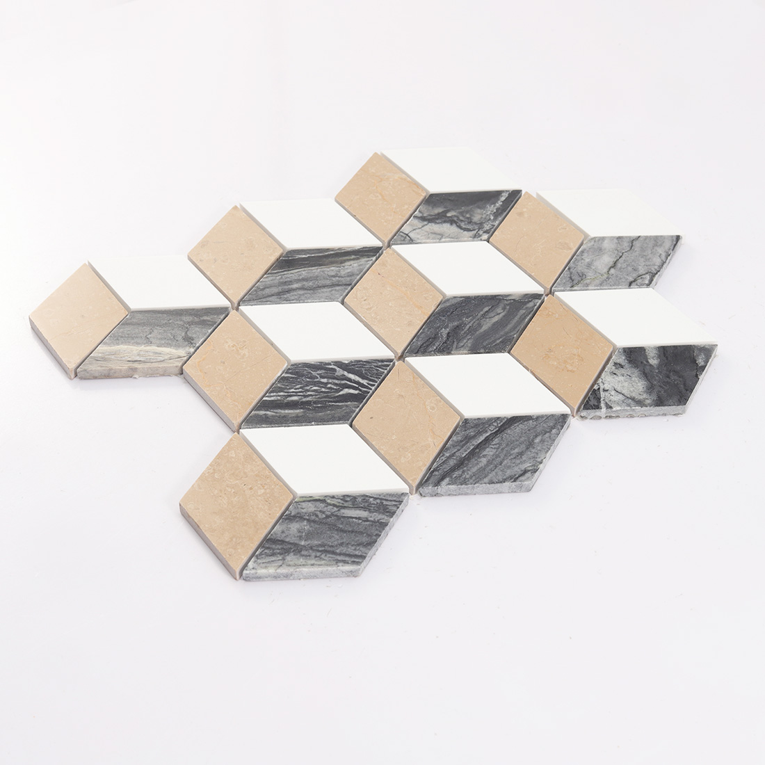 Angled view of 3D cube tricolor marble mosaic tile.