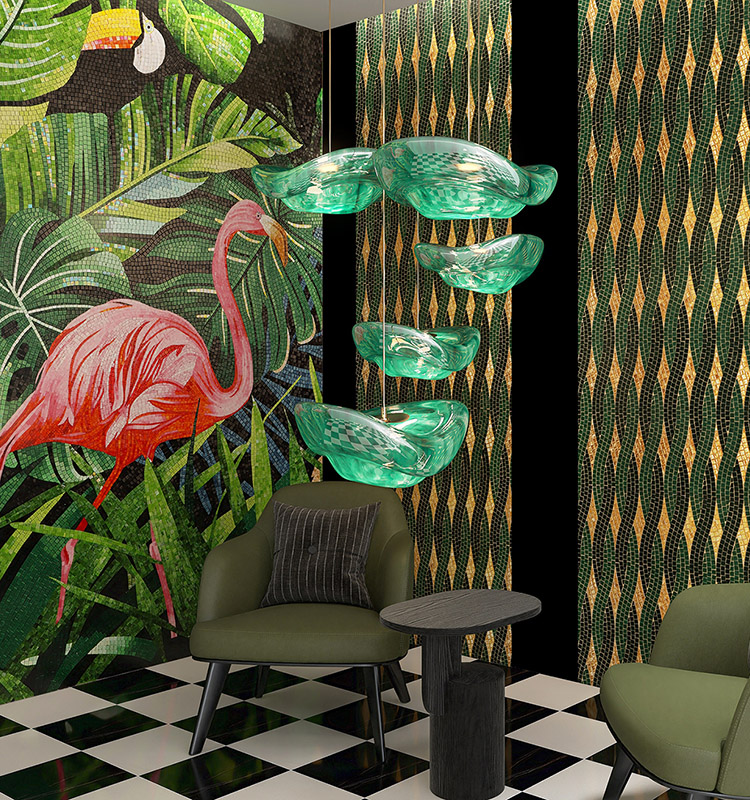 {"default":"Tropical flamingo mosaic wall with green chairs and gold patterned tiles in a modern room"}

