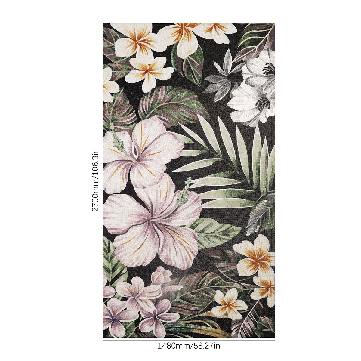 Tropical floral mosaic wall panel with large hibiscus and plumeria flowers on a dark background.