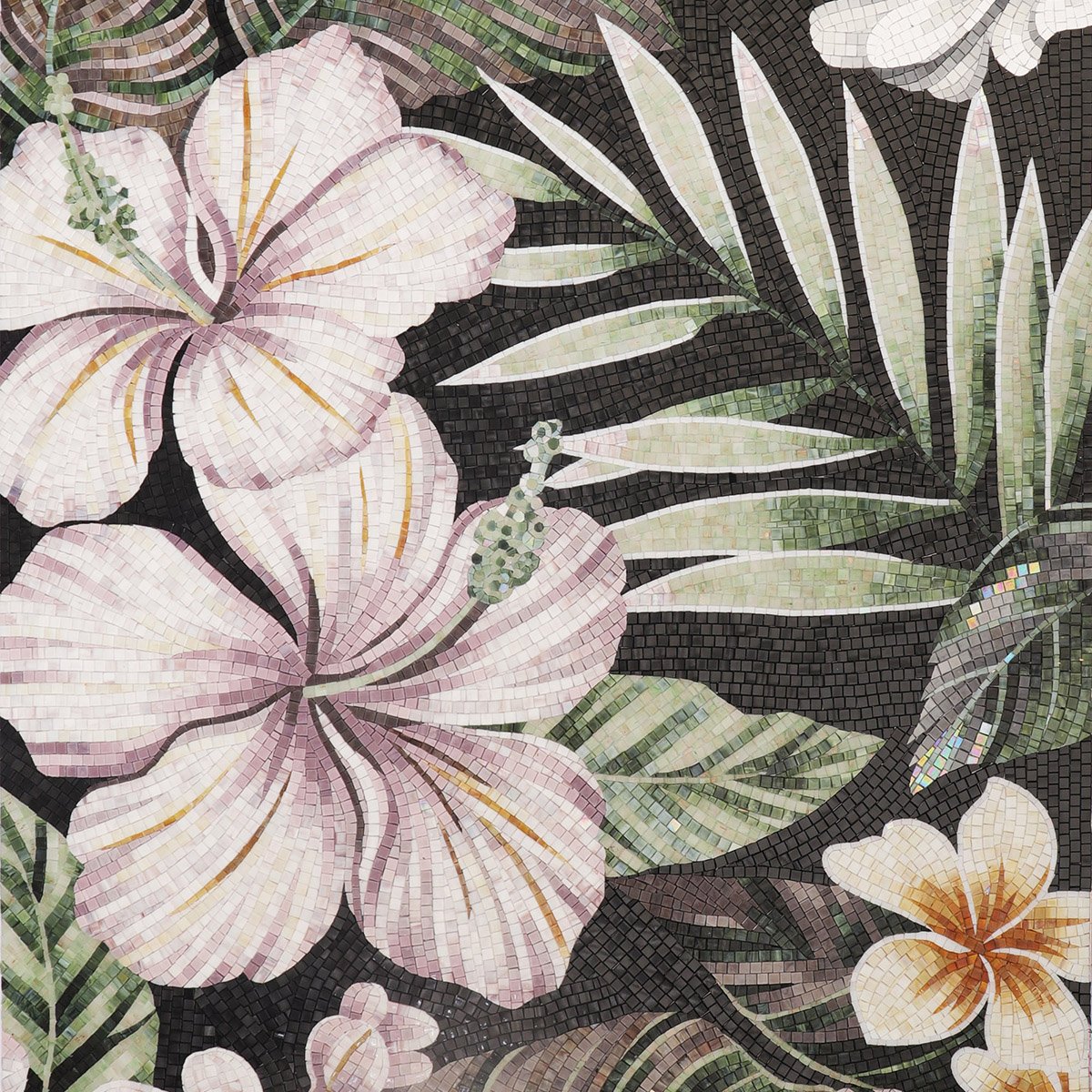 Close-up of tropical hibiscus mosaic pattern showing detailed tile texture.