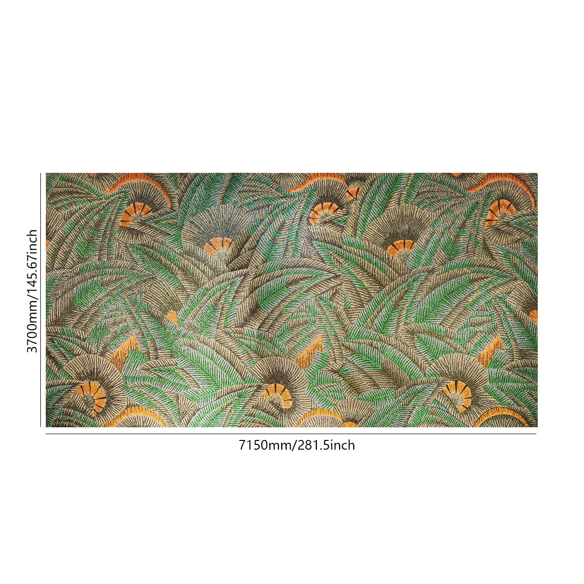 Tropical leaf mosaic wall mural with size dimensions shown