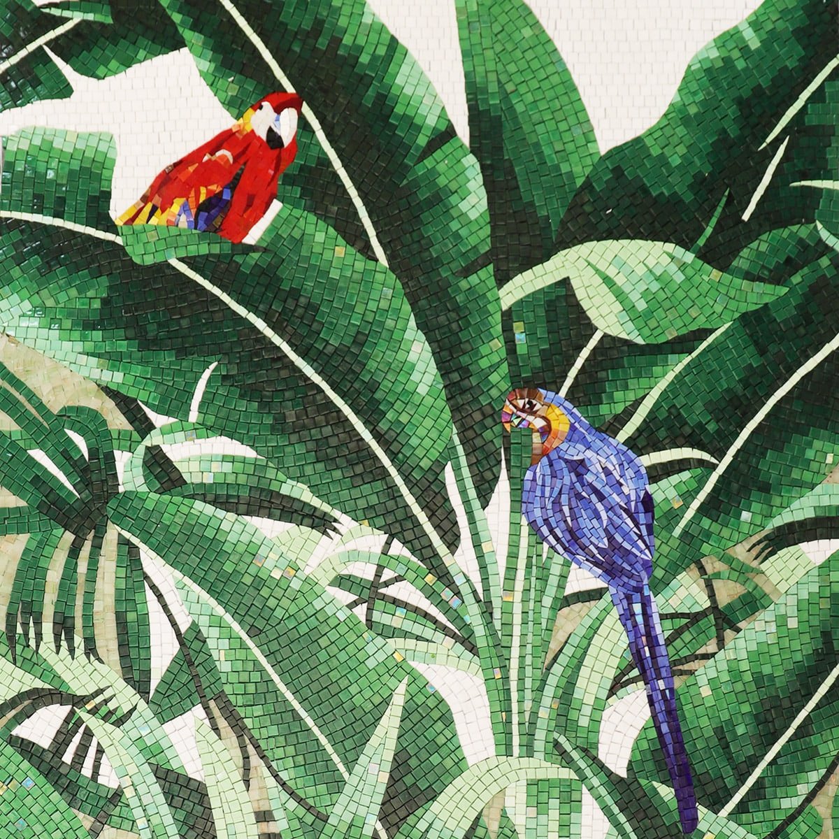 Tropical Parrots Mosaic Mural – Handmade Glass Tile Wall Art Featuring Colorful Parrots and Tropical Leaves-Woos Tiles