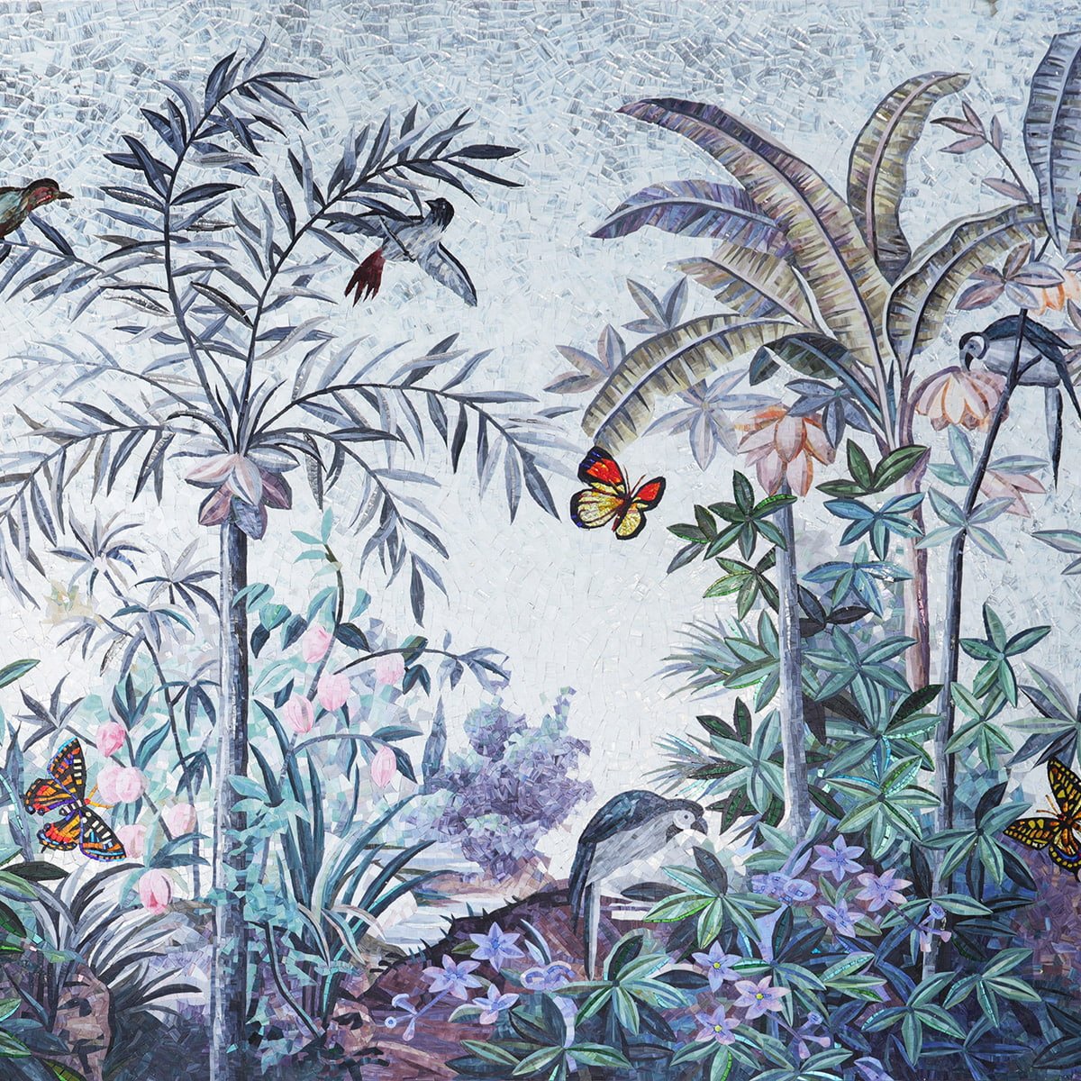 Handmade Tropical Rainforest Stained Glass Mosaic Mural – Luxury Wall Art with Birds, Butterflies & Tropical Plants-Woos Tiles