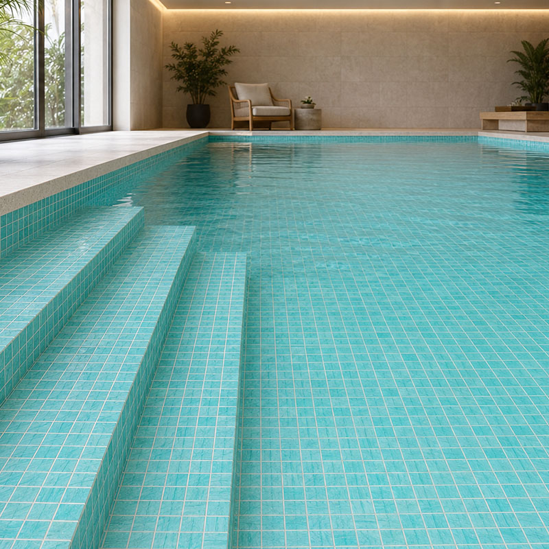 Turquoise pool mosaic tiles covering indoor pool steps and floor with white grout