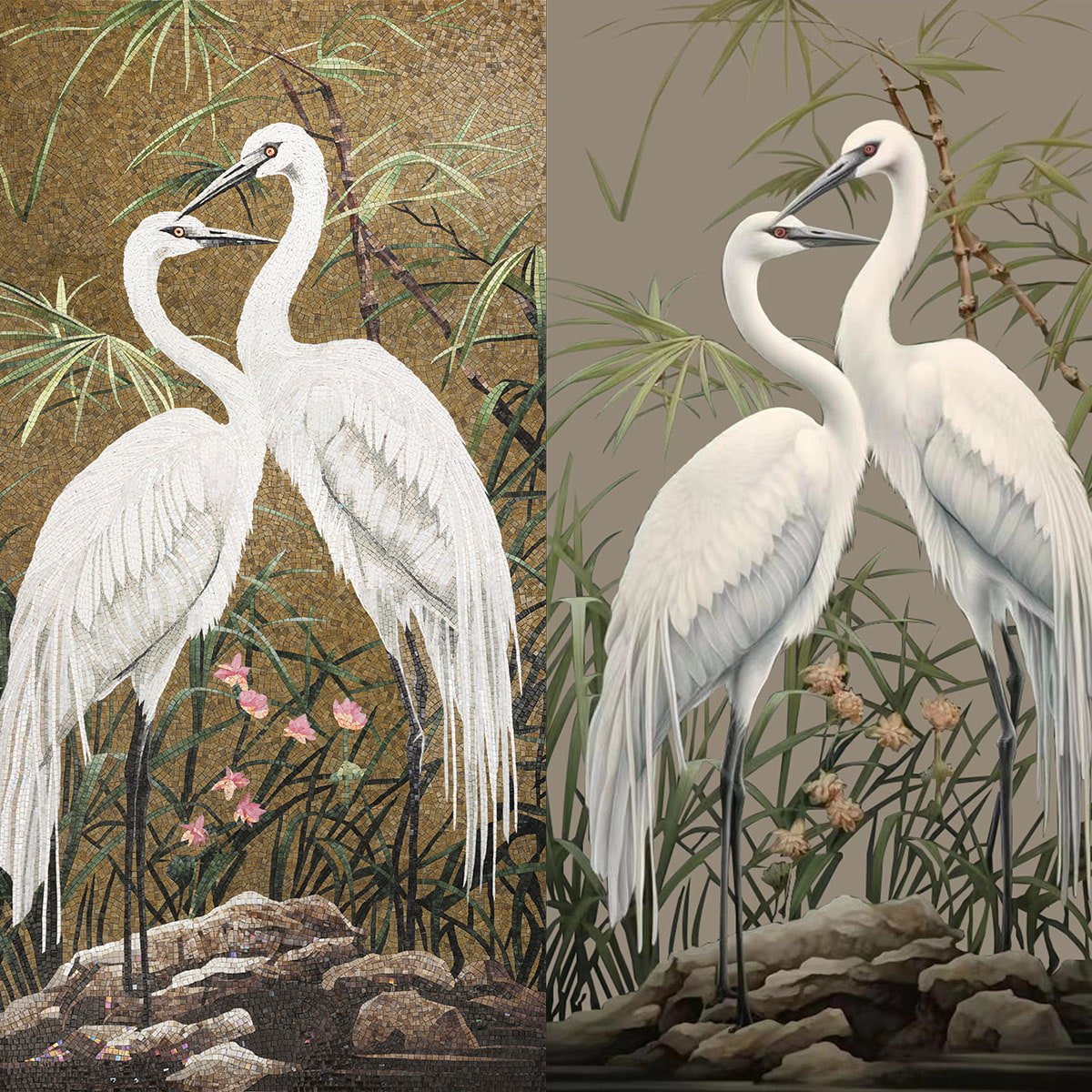 White Egret Mosaic Mural Wall Art – Handmade Glass Tile Decoration for Living Room or Bathroom-Woos Tiles