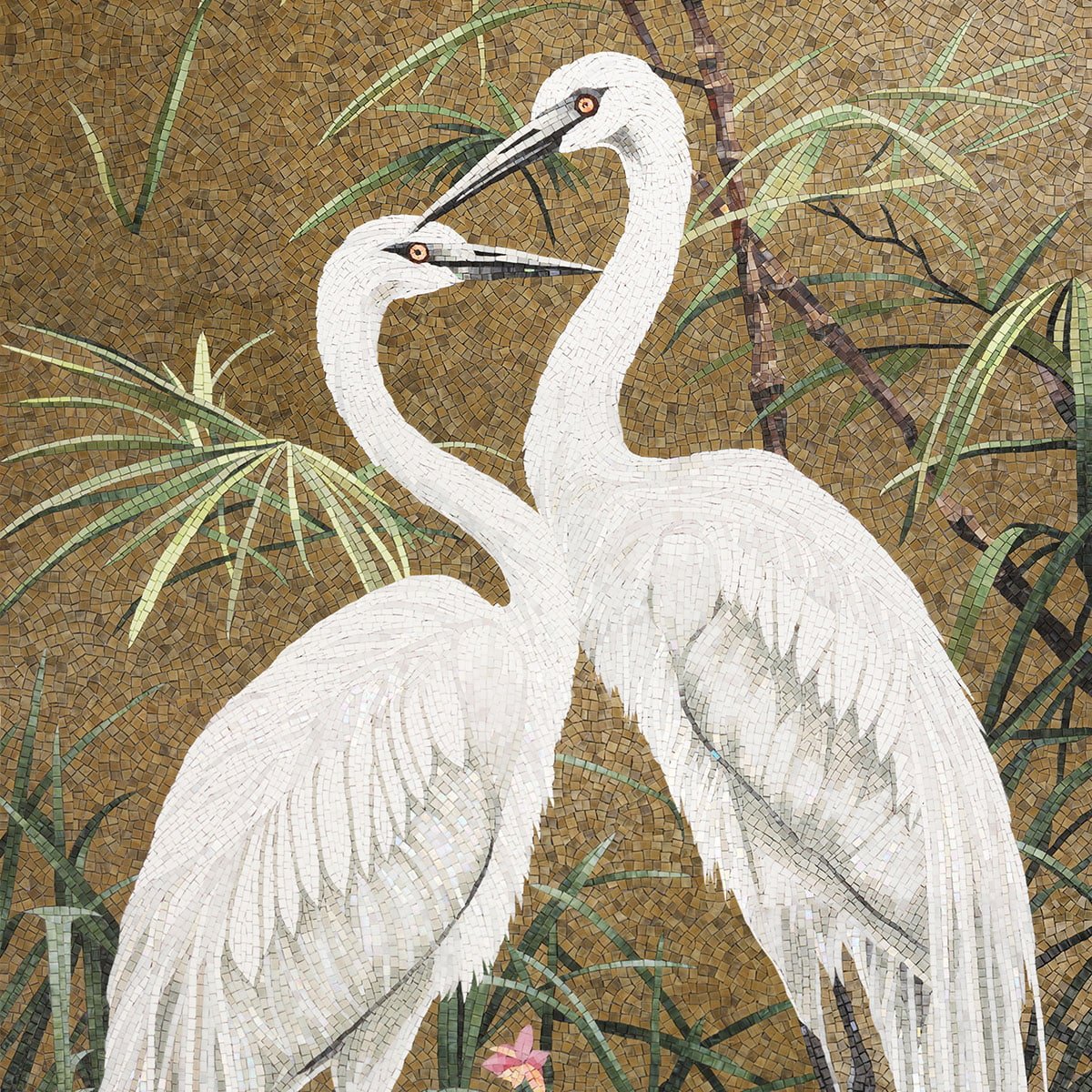 White Egret Mosaic Mural Wall Art – Handmade Glass Tile Decoration for Living Room or Bathroom-Woos Tiles