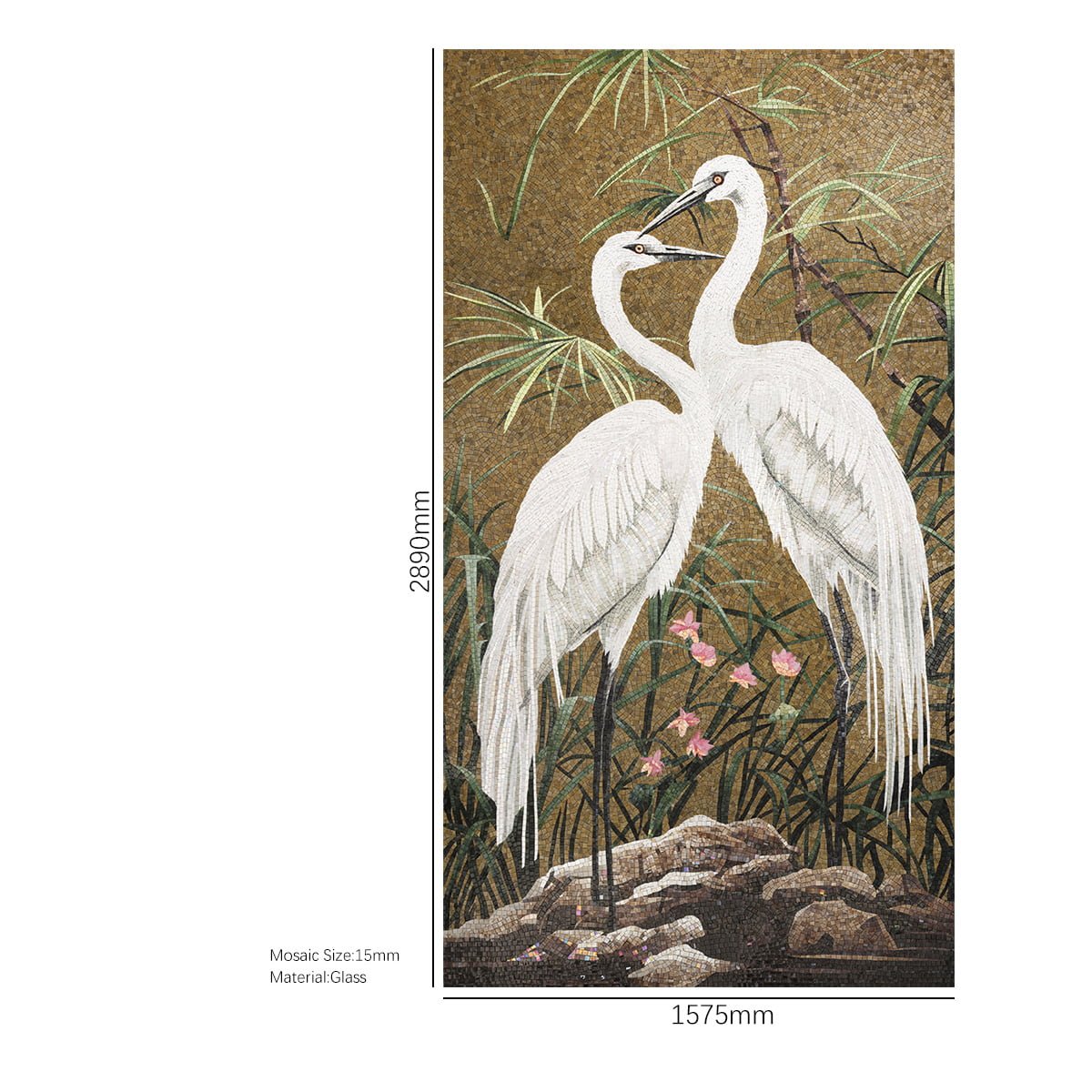 White Egret Mosaic Mural Wall Art – Handmade Glass Tile Decoration for Living Room or Bathroom-Woos Tiles