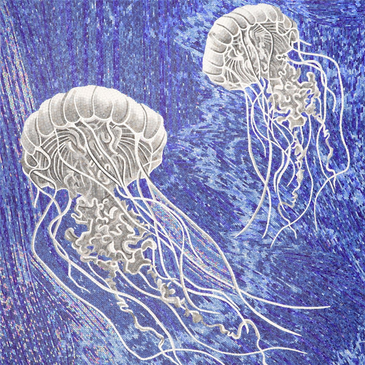 Luxury Underwater Jellyfish Mosaic Mural – Handmade Blue Glass Tile Ocean Art for Spa, Pool, or Living Room Wall Décor-Woos Tiles