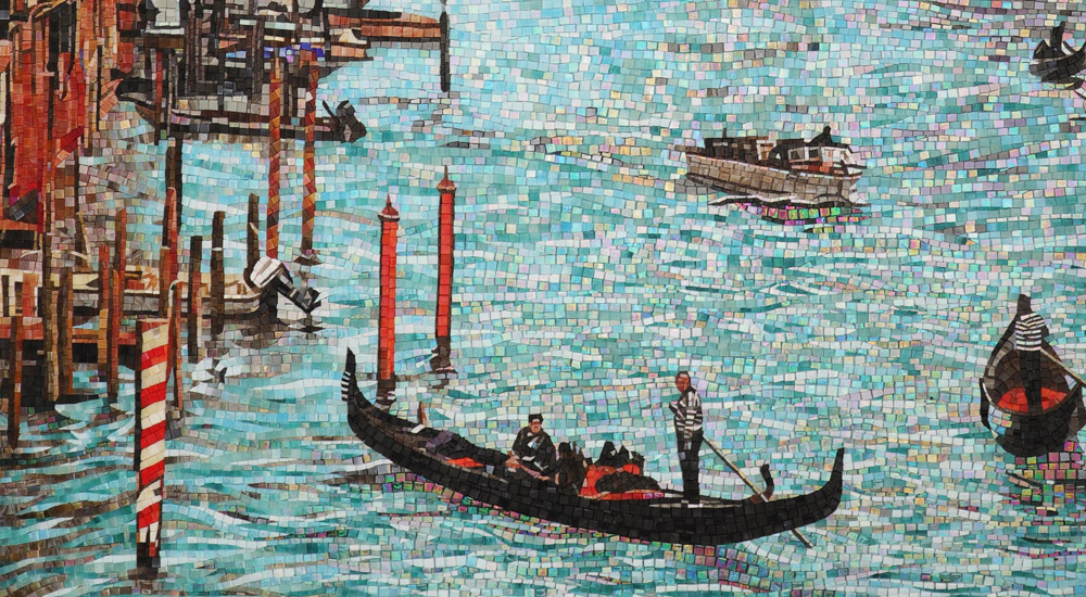 {"default":"Mosaic mural depicting gondolas on vibrant Venetian waters with detailed city elements"}
