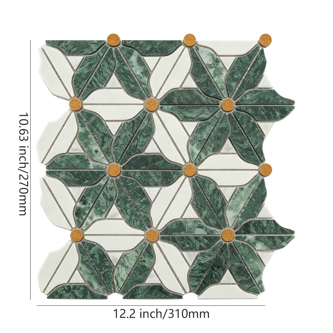 Verde Guatemala leaf marble mosaic with ivory petals, ochre centers, and dimensions