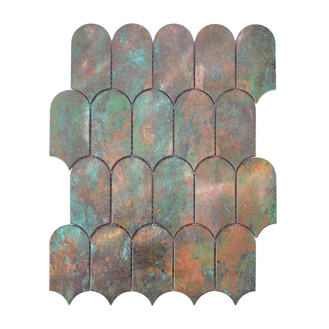 Verdigris bronze arched fish scale aluminum metal mosaic sheet front view