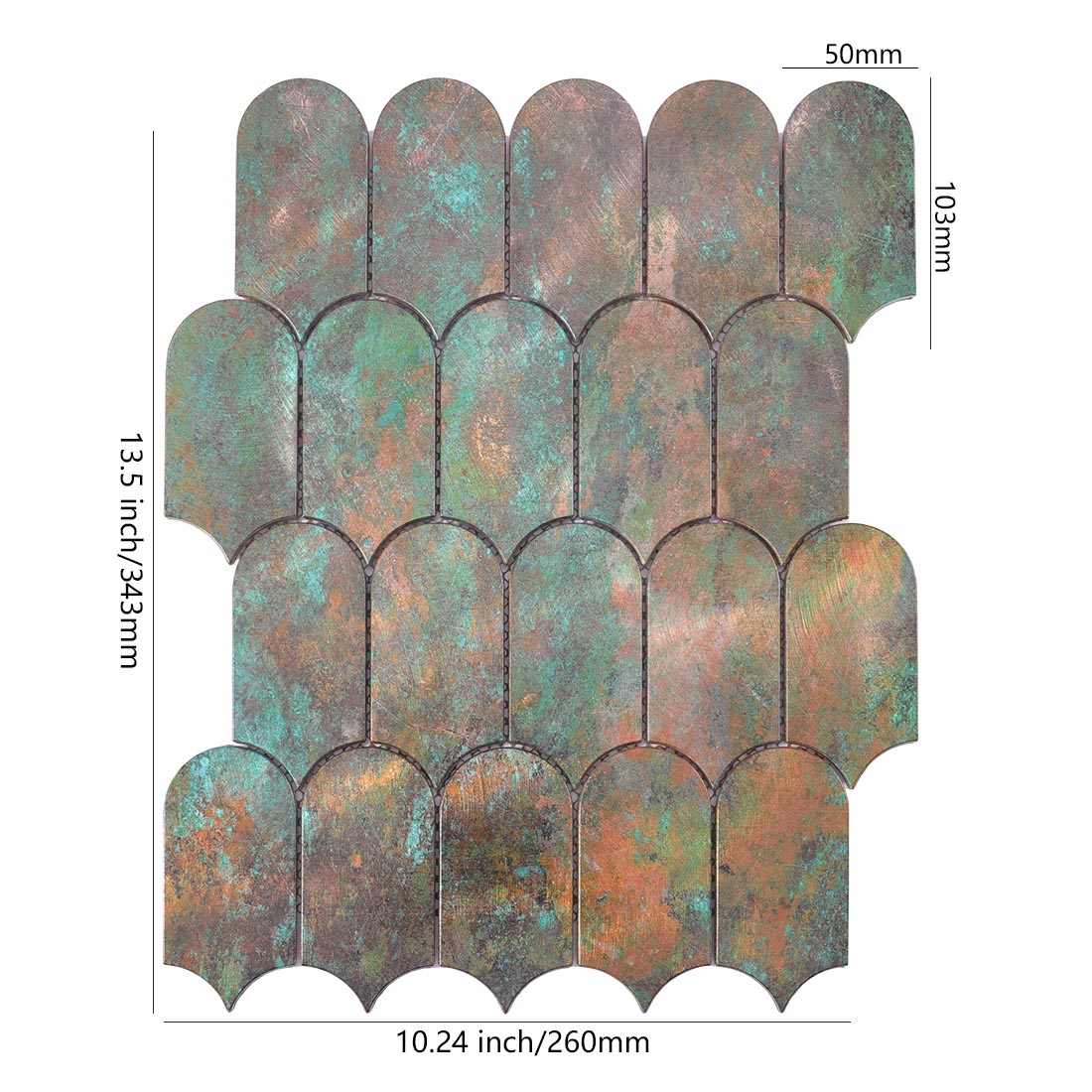 Verdigris bronze arched fish scale aluminum mosaic tile sheet dimensions