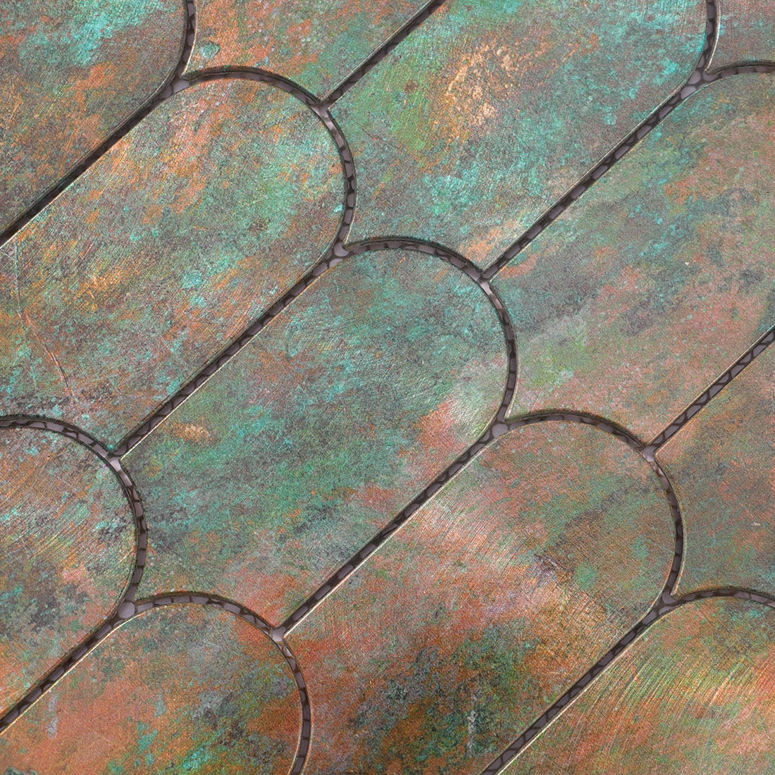 High angle view of verdigris bronze arched aluminum mosaic tile surface texture