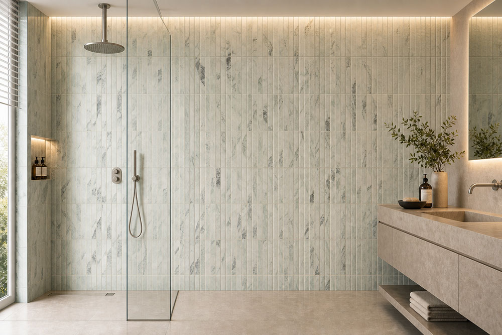 {"default":"Vertical marble bathroom tiles on a modern shower wall with glass enclosure"}

