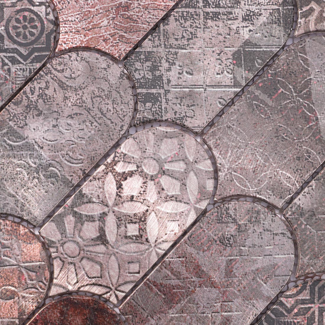 High angle view of vintage copper arched aluminum mosaic tile surface texture