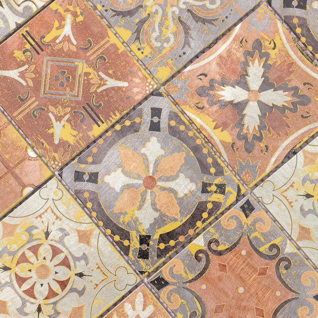 High angle view of vintage copper patterned square aluminum tile surface texture