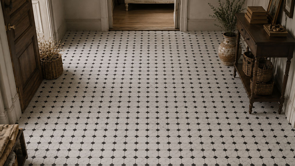 {"default":"Vintage white marble floor tile with black dot accents in a classic entryway"}
