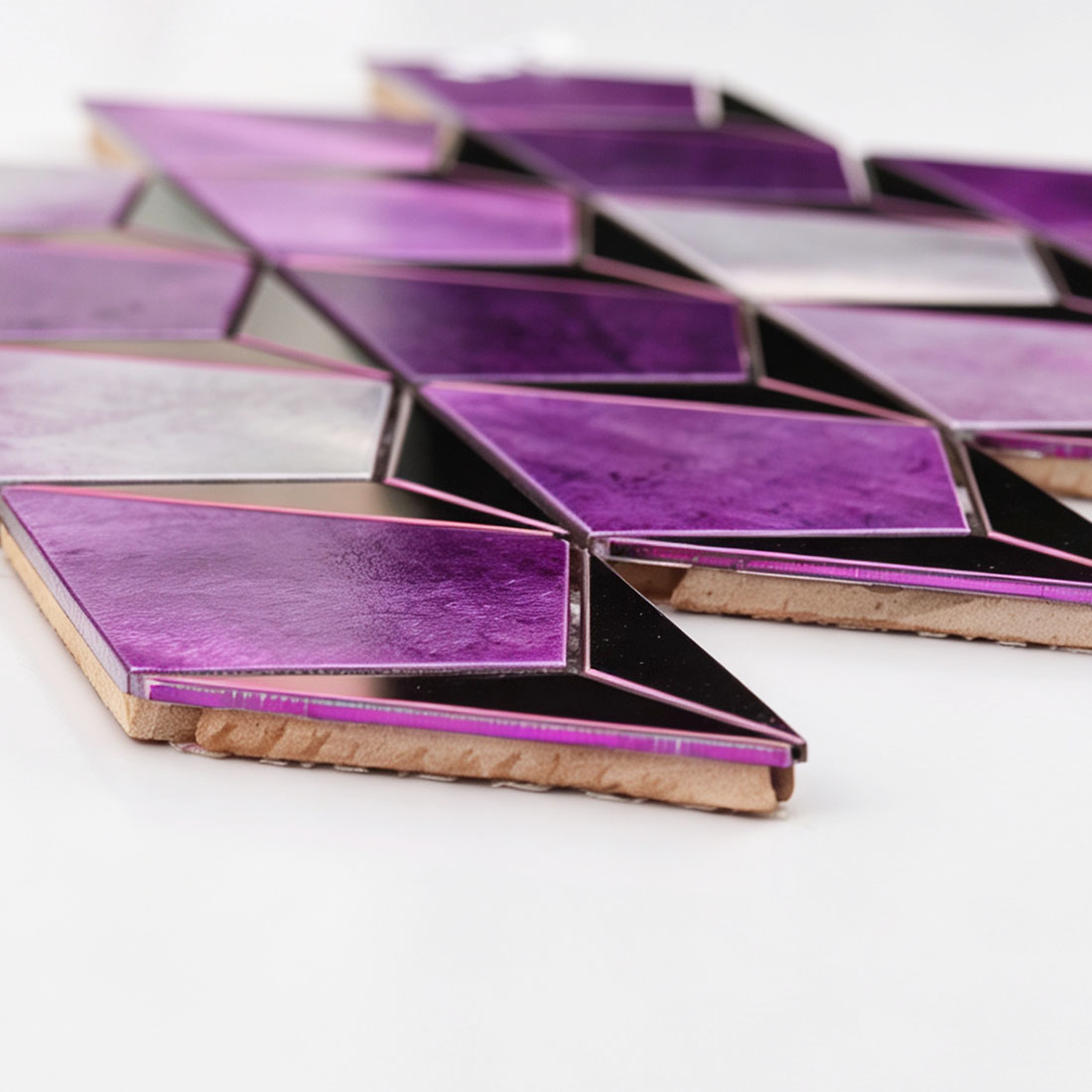 Side view of violet purple kite metal mosaic tiles showing the layered tile base