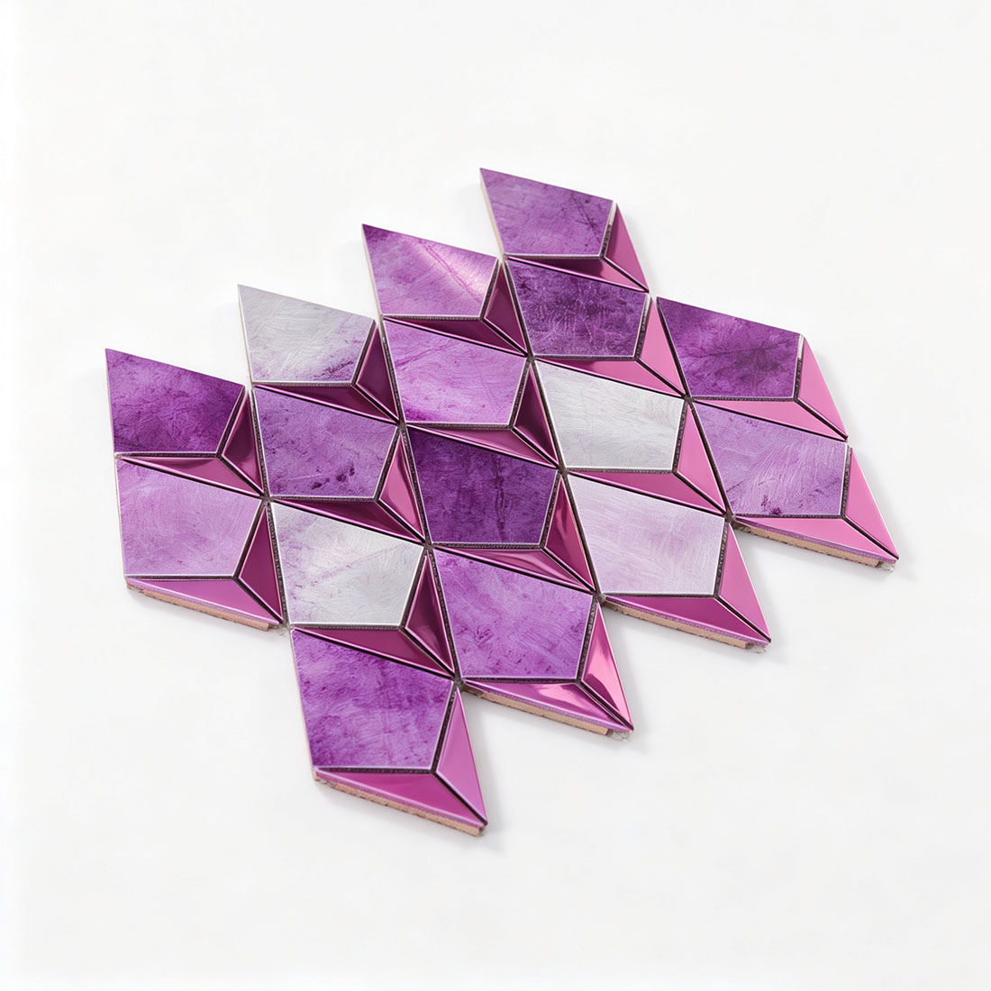 Perspective view of violet purple and silver metal mosaic with a faceted kite pattern