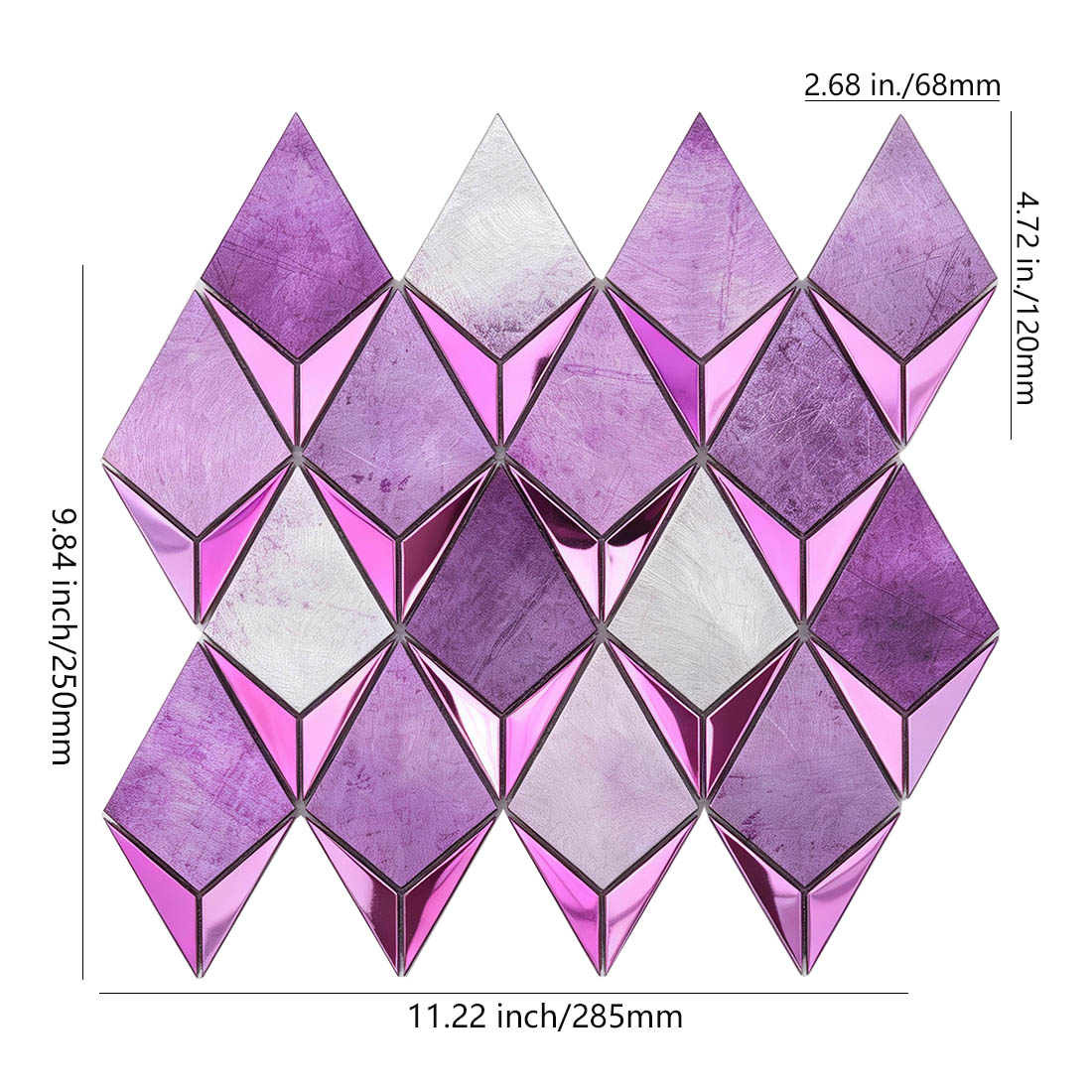 Violet purple silver kite metal mosaic tile with sheet and chip dimensions