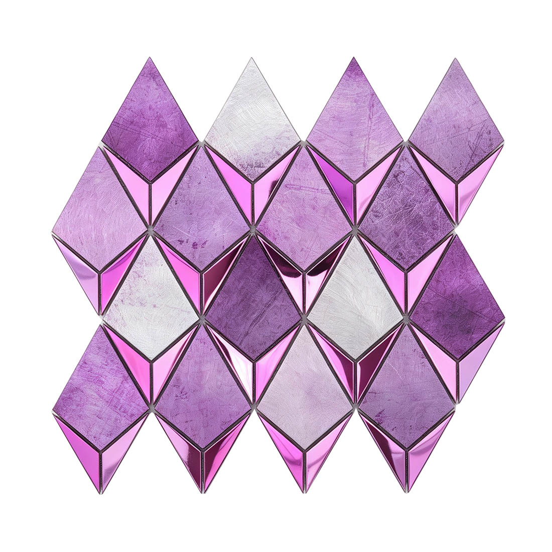 Violet purple and silver metal mosaic tile sheet with a faceted kite pattern