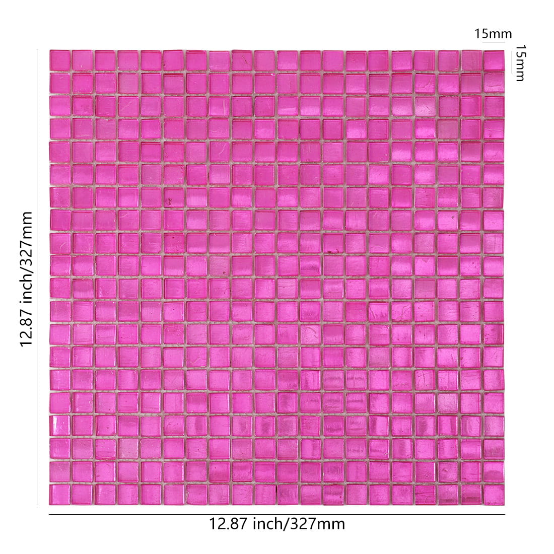 Vivid pink foil-backed square glass mosaic sheet with size details
