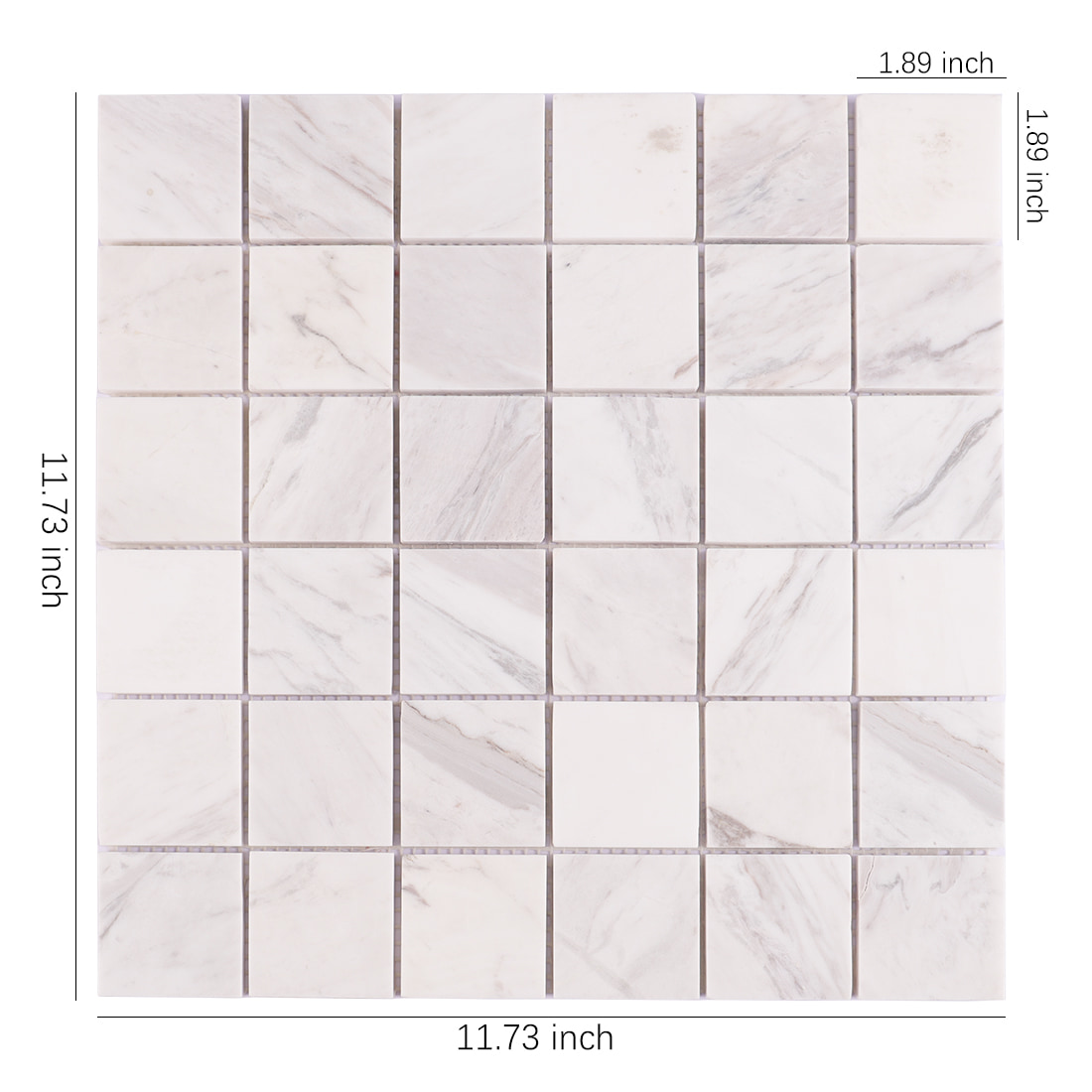 Volakas white square marble mosaic tile sheet with size markings