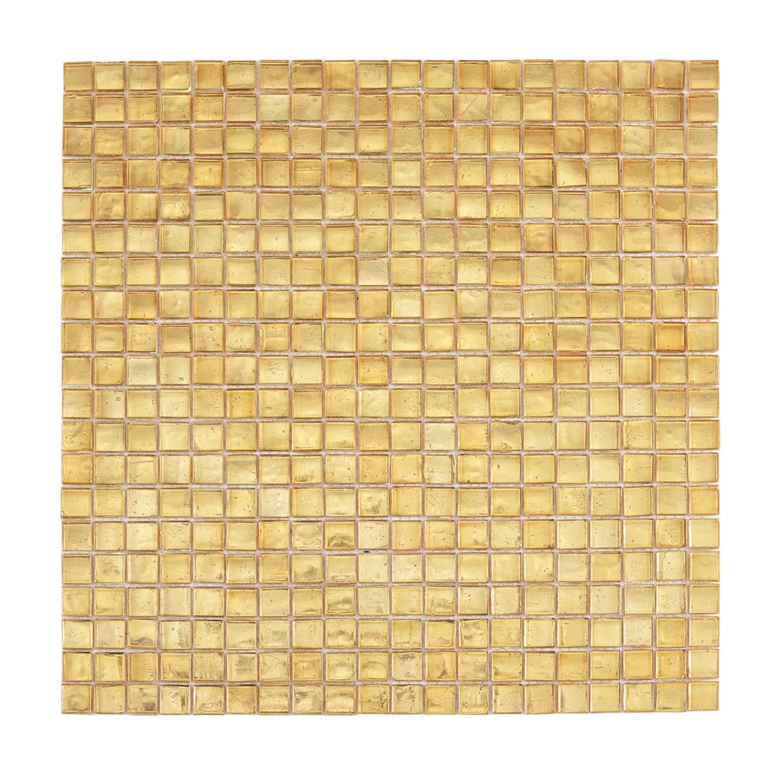 Full sheet of warm gold square glass mosaic tile on a light background