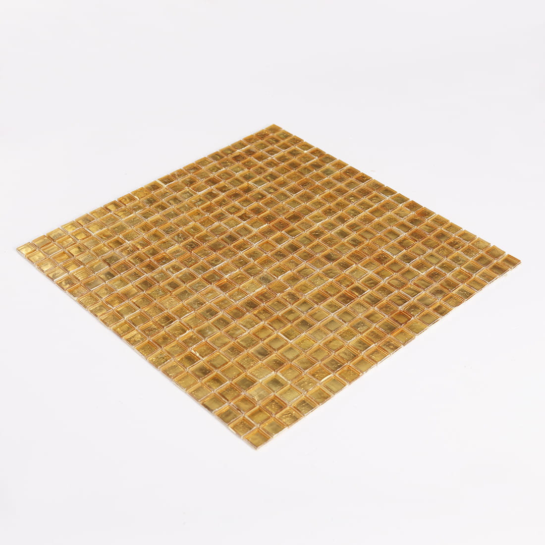Perspective view of warm gold square glass mosaic tile sheet