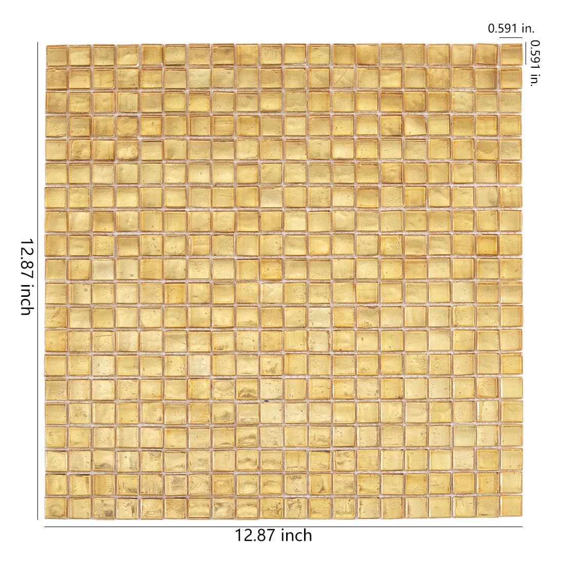 Warm gold square glass mosaic tile sheet with size details