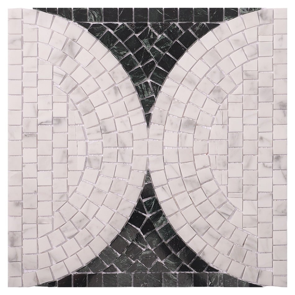 White and dark green marble mosaic tile with circular arc pattern.