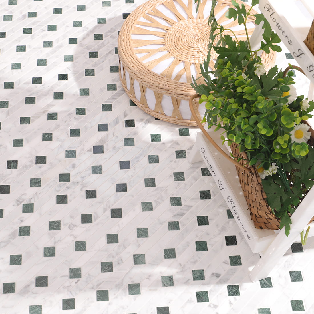 White and green marble linear mosaic tile floor styling scene