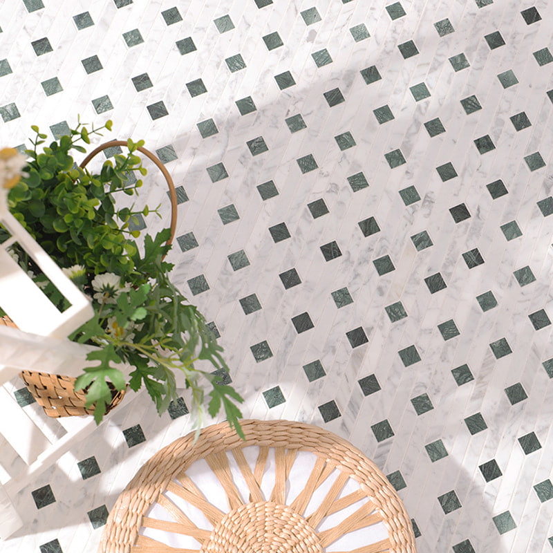 Detail scene of white and green marble linear mosaic tile floor