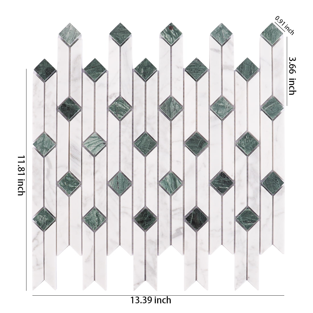 White and green marble linear mosaic tile sheet with size details