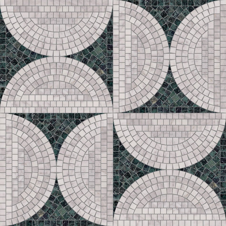 Full pattern of white and dark green marble mosaic tiles with semi-circular design.