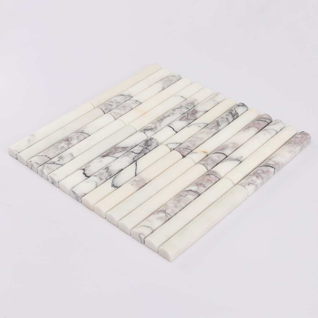 Perspective view of white and lilac marble finger mosaic tile sheet