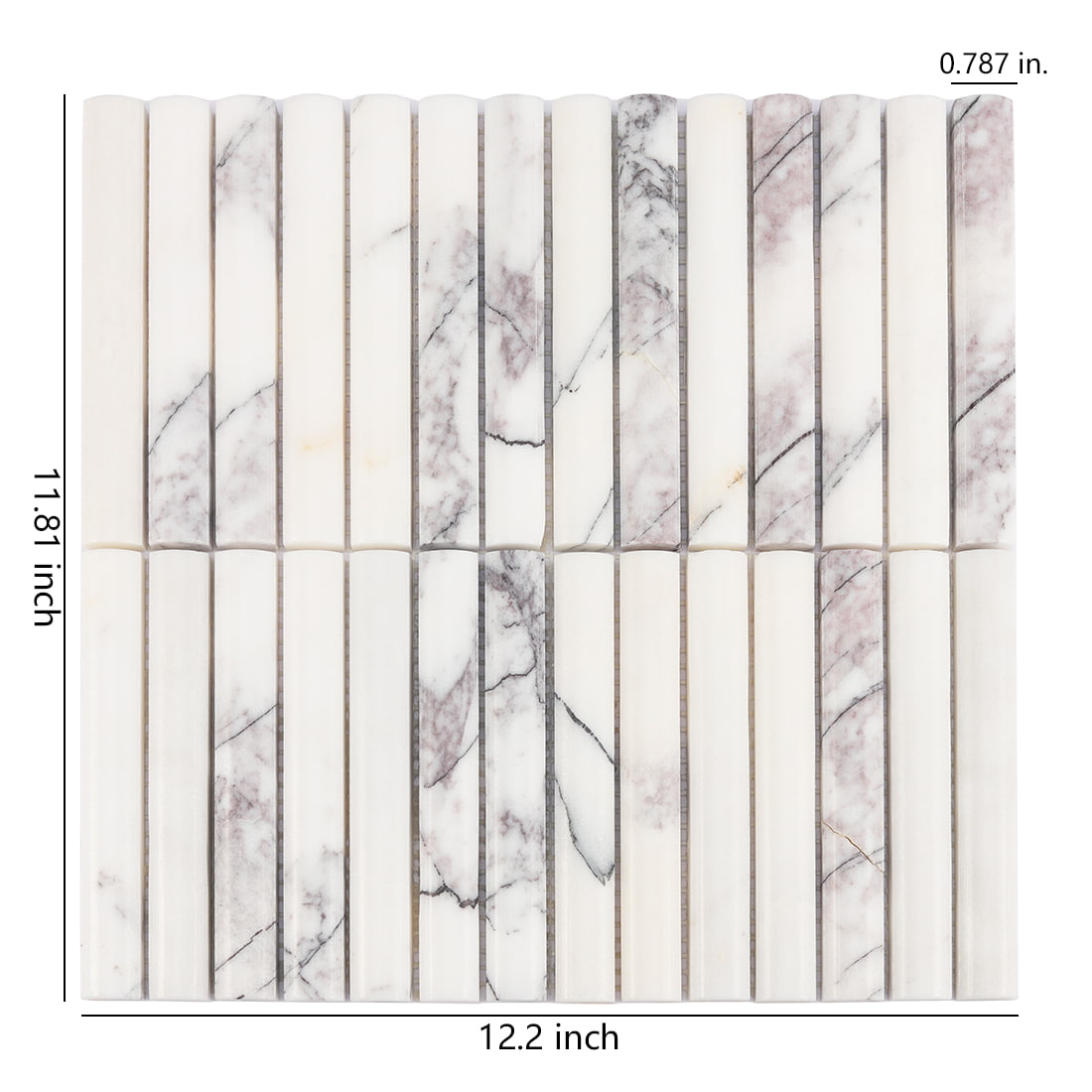 White and lilac marble finger mosaic tile sheet with size details