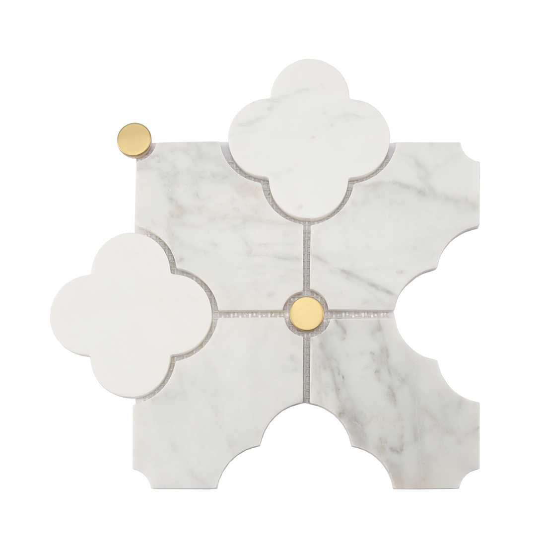 White arabesque marble mosaic tile with soft gray veining and gold dots
