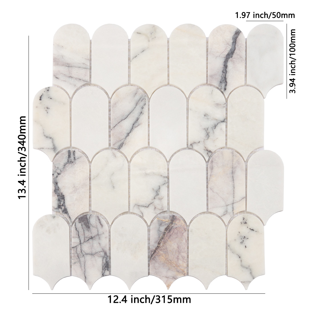 White arched marble mosaic tile sheet with soft gray natural veining