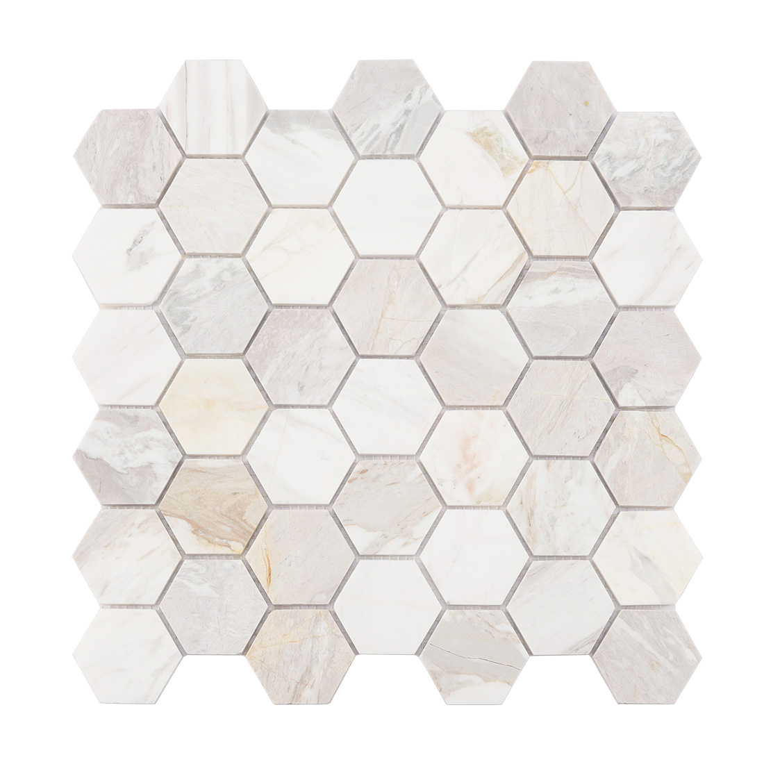 Full sheet of white beige hexagon marble mosaic tile on white background