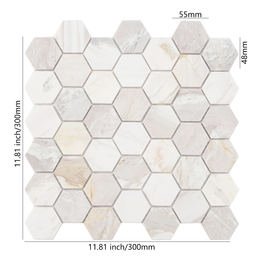 White beige hexagon marble mosaic sheet with soft natural stone veining