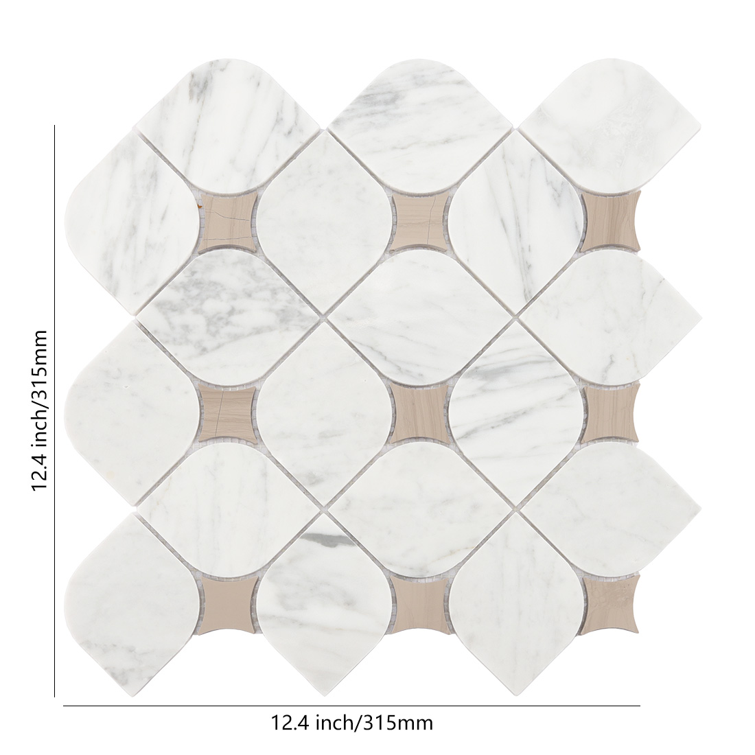 White and beige marble petal mosaic tile with dimensions.