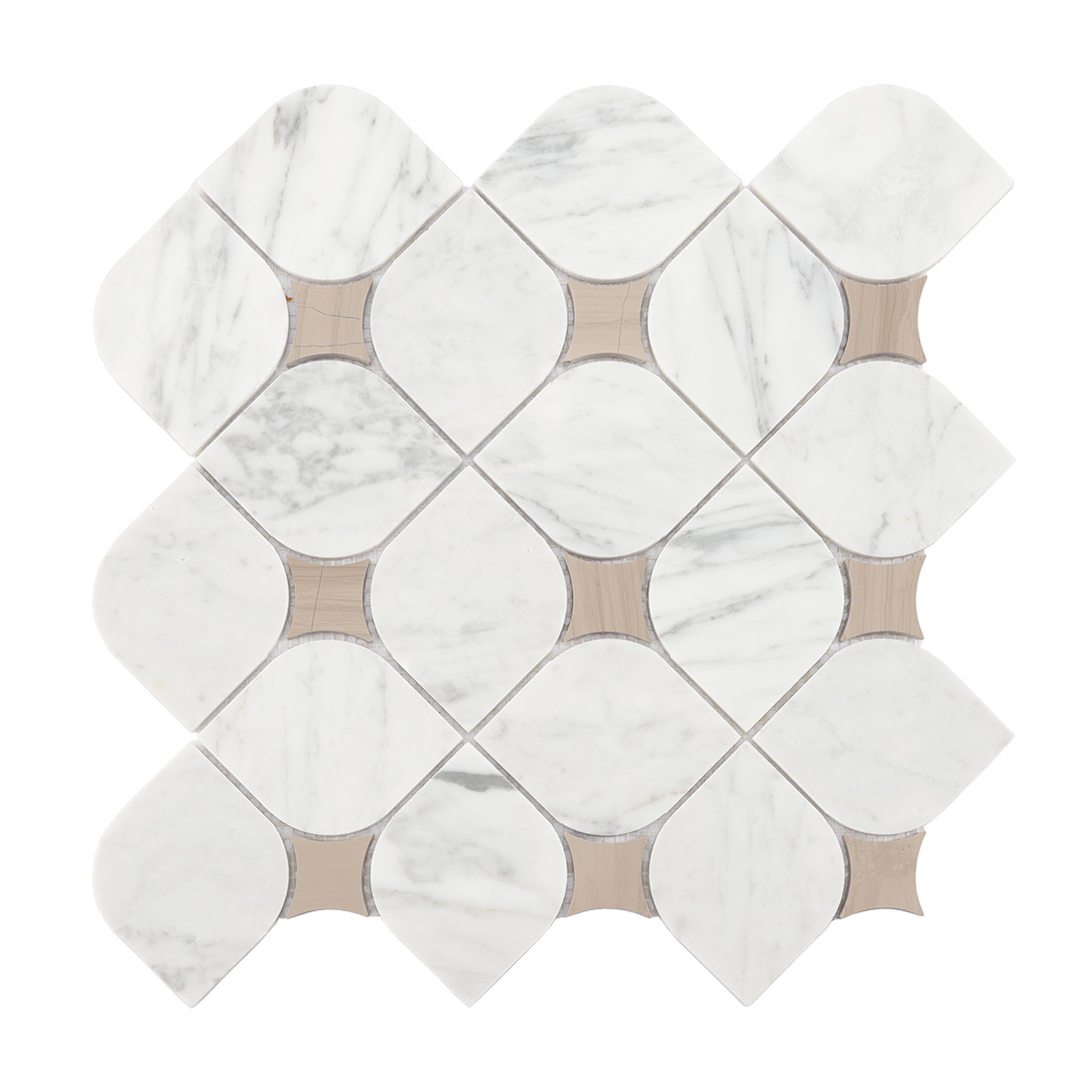 Front view of white and beige marble petal mosaic tile.