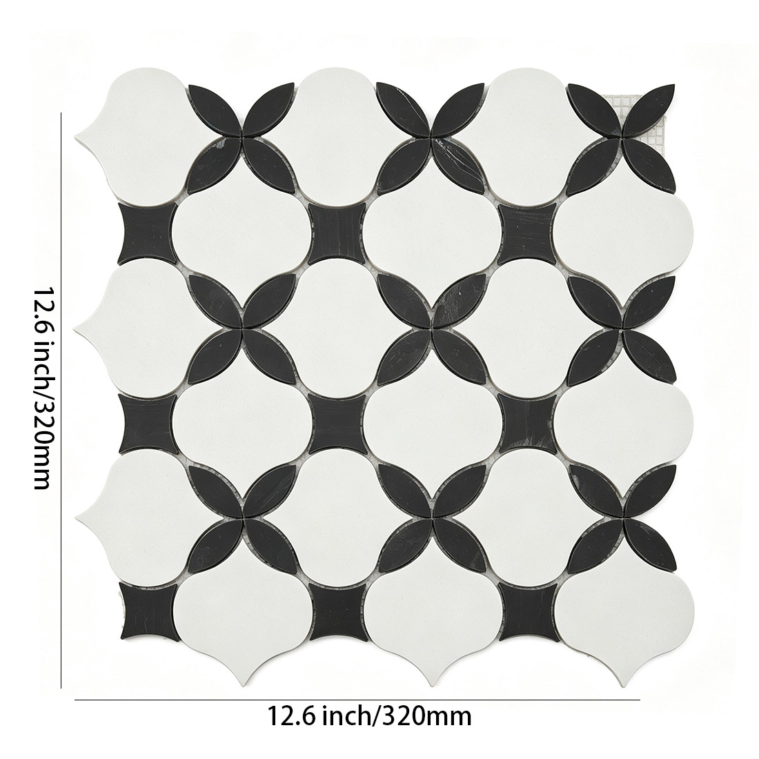 White and black arabesque shape marble mosaic tile with 12.6 inch dimensions