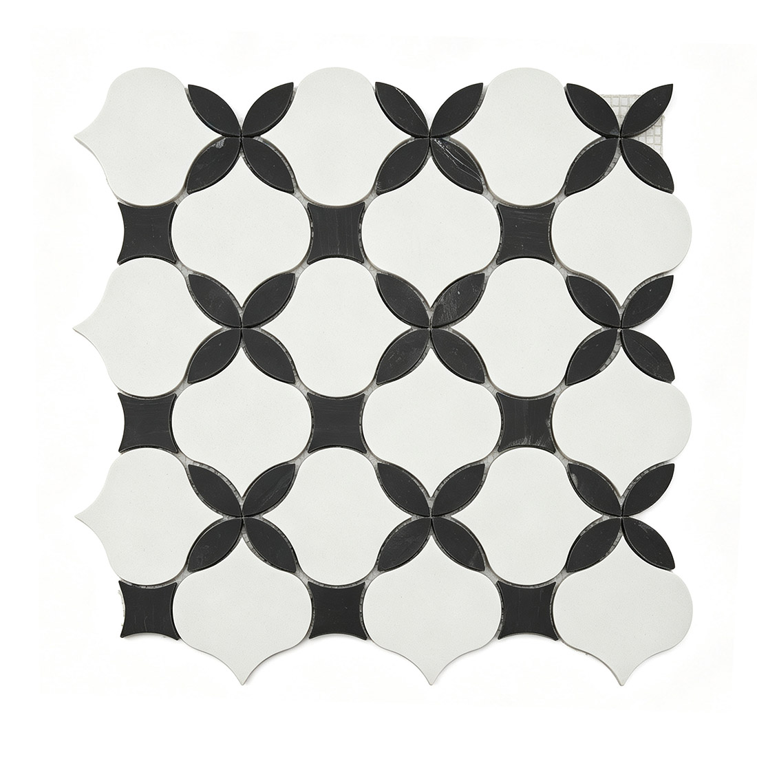 White and black arabesque shape marble mosaic tile sheet on a white background
