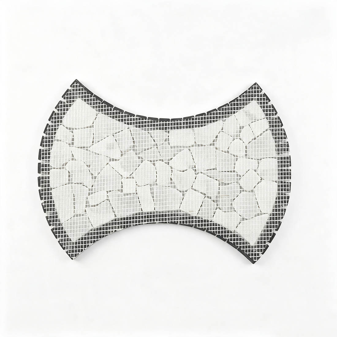 Reverse mesh backing of white and black curved marble pebble mosaic