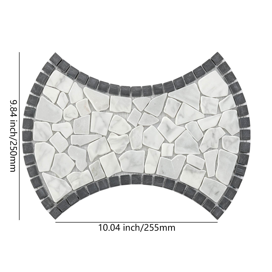 White and black curved marble pebble mosaic sheet with dimensions
