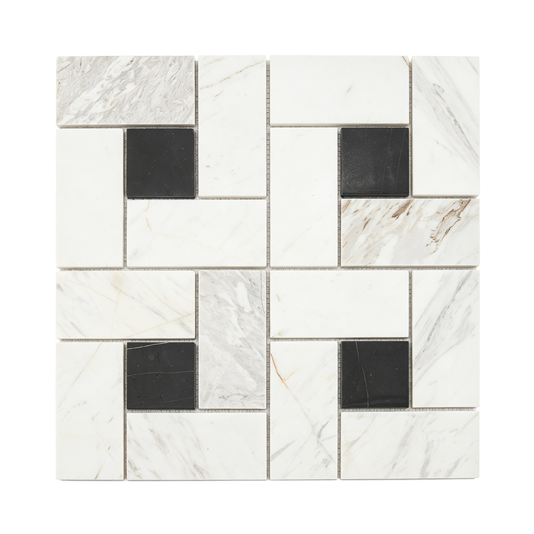 White and black marble geometric mosaic tile sheet in an interlocking rectangular pattern